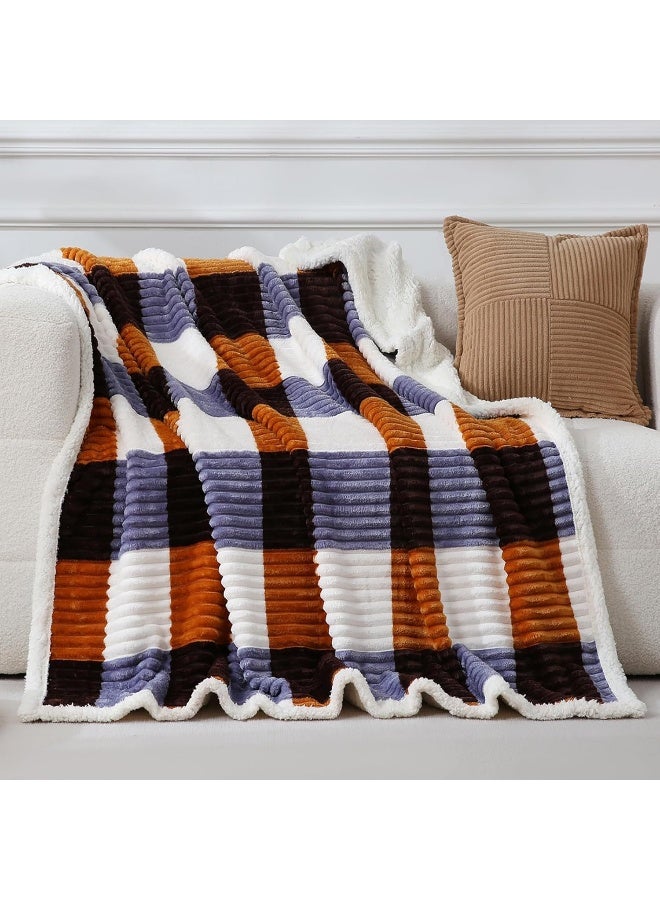 PU MEI Sherpa Blanket Twin Plaid Thick Bed Blanket, 60”*80” Super Soft Flannel Fuzzy Fleece Reversible Velvet Plush Warm Blanket for Couch (Brown Orange Check) - Image 1